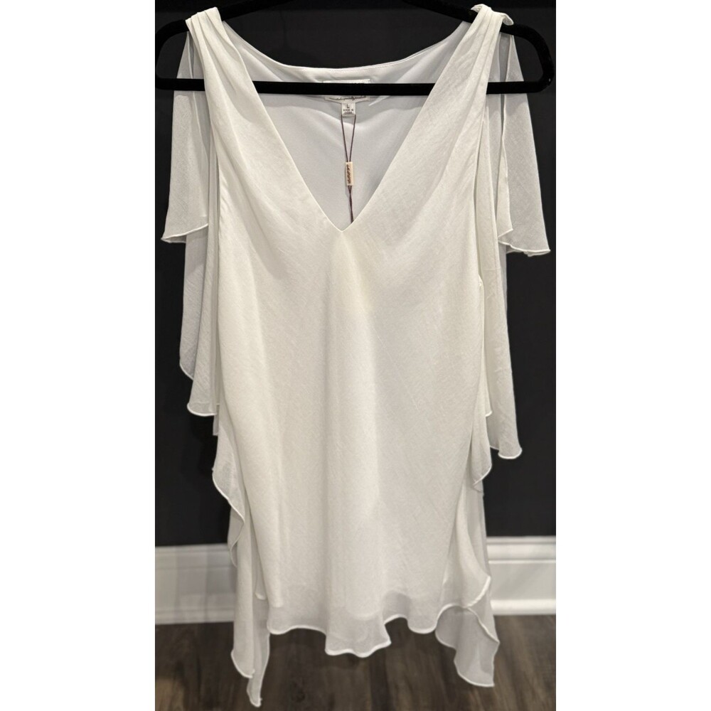 Max Studio Specialty Products White V Neck Blouse With Tiered Flutter Sleeve NWT